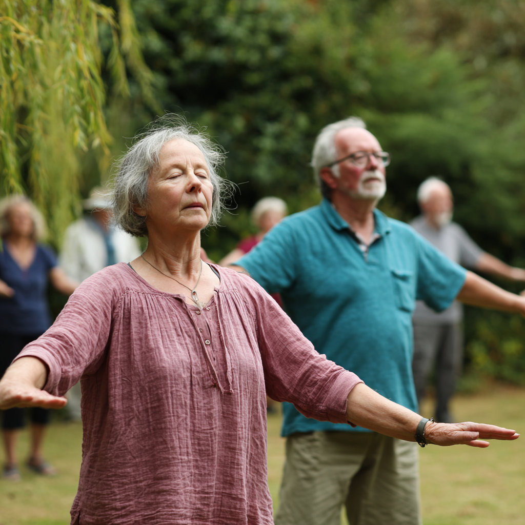 Middle-aged adults practicing gentle movement exercises in natural setting